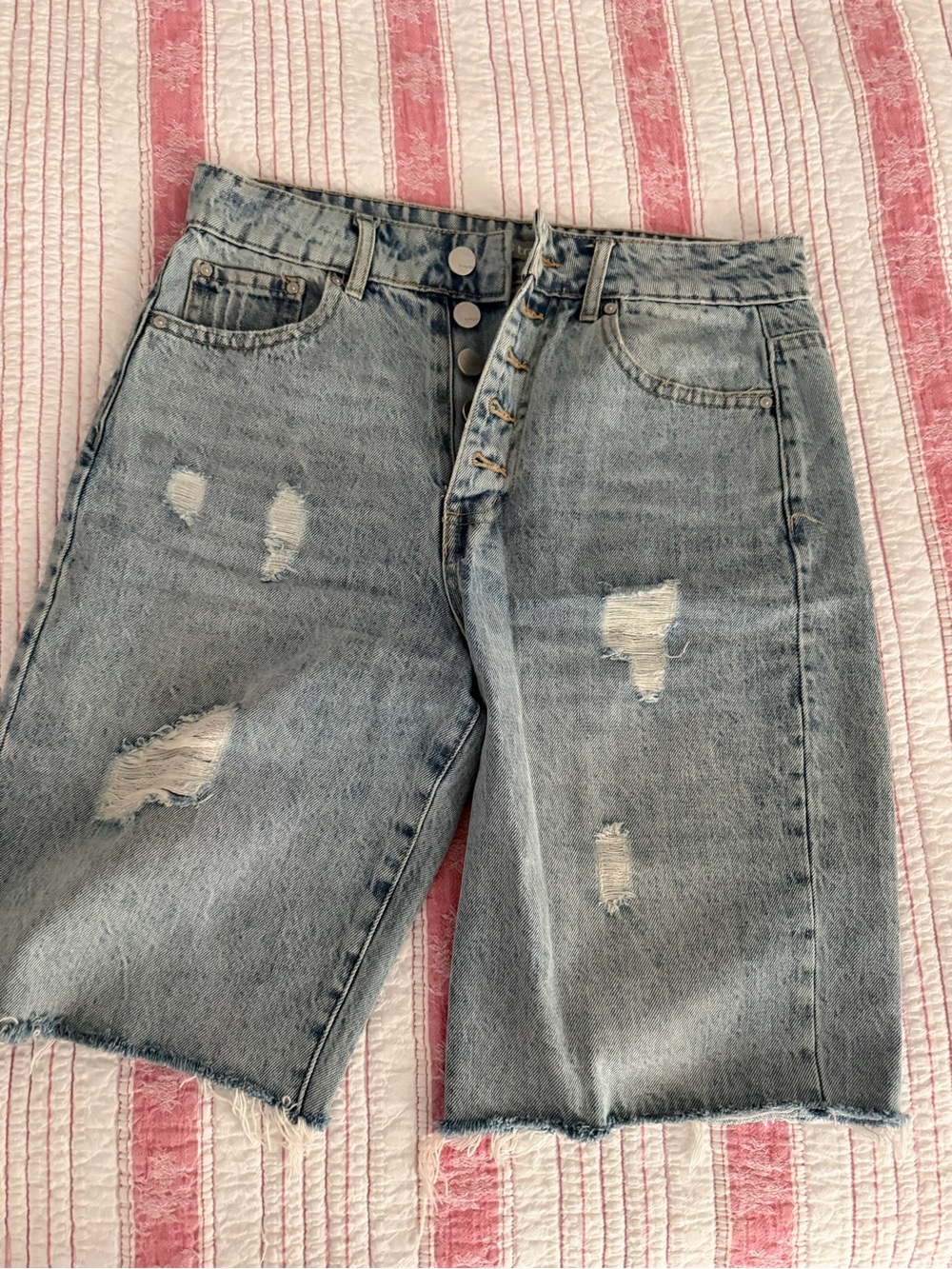 Tractr Light Blue Distressed Denim Bermuda Shorts